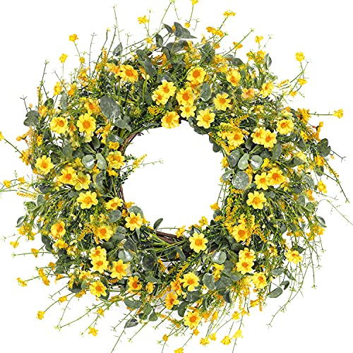 Sggvecsy Yellow Daisy Wreath 24 Inch Spring Summer Wreath Fake Silk Floral Wreath with Green Eucalyptus Leaves and Lavender for Front Door Window Wall Wedding Farmhouse Festival Decor