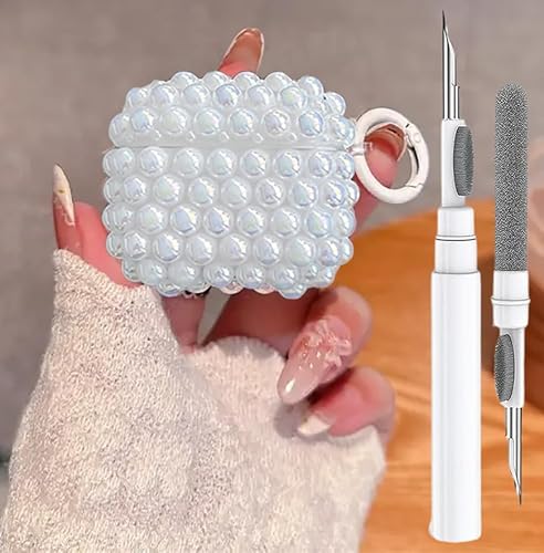 Cute Glitter Pearls Case for Airpods 4 Cover Girls Women, Soft Handmade Beads TPU Airpods 4th Generation Protective Cover with Cleaner Pen&Keychian for Air Pod Gen 4, White