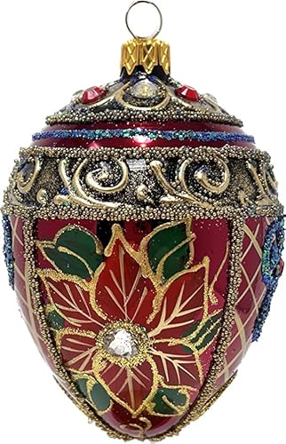 Polish Gallery Fabergé Egg 5-Inch Blown Glass Christmas Tree Ornament Holiday Poinsettia (Wine Red Gloss, 5")