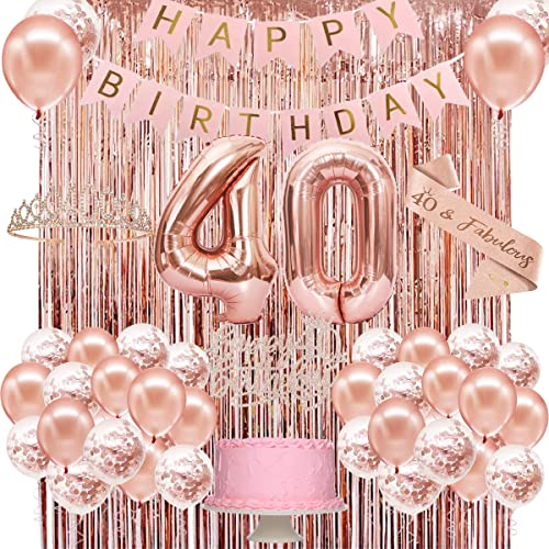 40th Birthday Decorations Women, Happy 40th Birthday Banner, Crown, Sash, Cake Topper And Number Balloon, Rose Gold 40 Birthday Party Decorations For Women