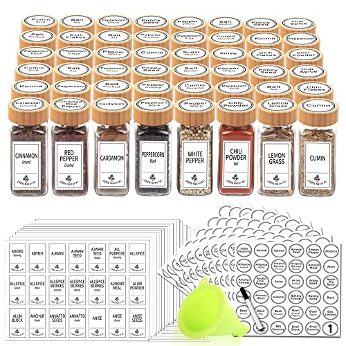 SWOMMOLY 48 Glass Spice Jars with 806 White Spice Labels, Square Spice Bottles 4 oz Empty Spice Containers with Bamboo Lids, Chalk Marker and Funnel Complete Set.