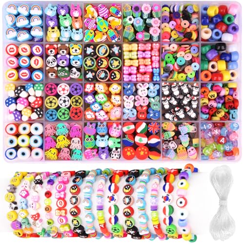 1000PCS Polymer Clay Beads Bracelet Making kit, 24 Style Cute Fun Beads Flower Animal Rainbow Eye Charms for Jewelry Necklace Earring Making DIY Accessories for Women Girls