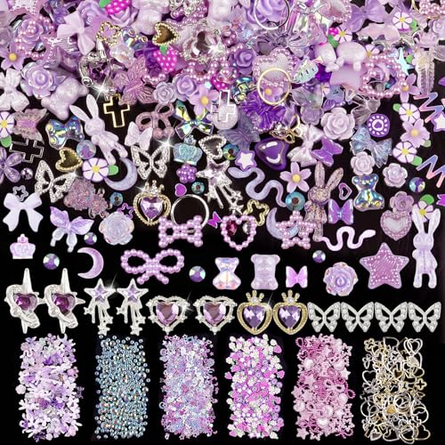 620pcs Mixed 3D Nail Charms Kit, 12pcs Luxury Metal Nail Rhinestones and 250pcs Resin Butterfly Flower Star Heart Bow Charms with 400pcs Flatback Pearls Rhinestone Metal Gems Charms (Purple)