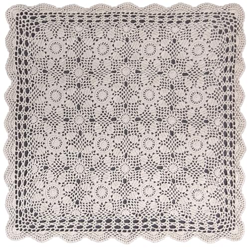 Phantomon Square Crochet Tablecloth 100% Cotton Handmade Lace Table Dresser Table Placemats Crocheted Doilies, 27 Inch (Beige)