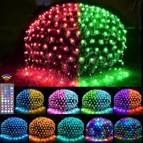 240 LED Net Lights, 34 Colors Changing Christmas Net Lights Outdoor Clear Wire, 14.8ft x 5ft Connectable Multicolored Mesh String Lights for Bushes Christmas Halloween Holiday Wedding Party Decor