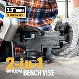 Dual-Purpose Combined Universal Vise 360° Swivel Base Work, Bench Vise or Table Vise Clamp-On with Quick Adjustment, 3.3" Movable Home Vice for Woodworking