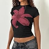 Y2k Baby Tees for Women Short Sleeve Graphic Crop Tops E Girls Cute Flower Print Vintage Aesthetic Shirts(A-Flower Black,S)