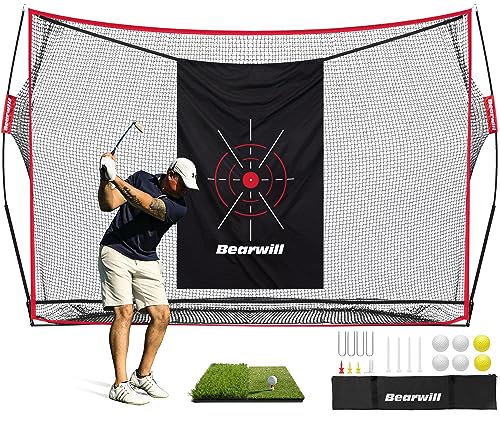 Bearwill Golf Net, 10x7ft Heavy Duty Golf Practice Nets with Mat, Target Cloth, 8 Tees, 6 Balls, Carry Bag for Backyard Driving Chipping Indoor Outdoor Training