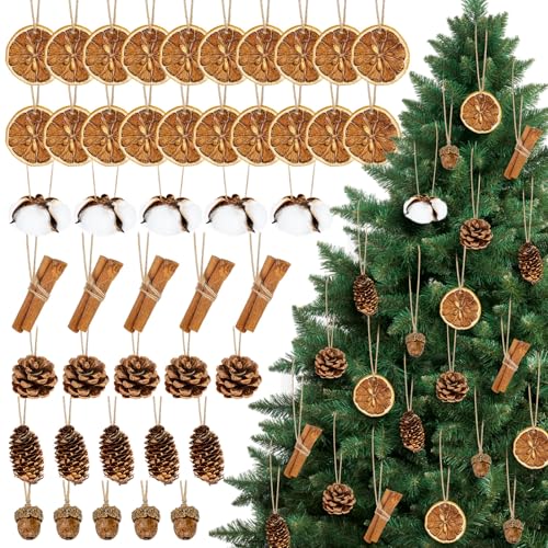 45 Pcs Neutral Christmas Tree Ornaments Dried Orange Slices Natural Pine Cones Cinnamon Sticks Acorn and Cotton Hanging Rustic Ornaments for Christmas Tree DIY Crafts Decorations