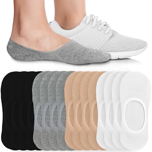Eedor Women's No Show Socks, Comfy Non-Slip, Low Cut Invisible Liner Socks for Casual and Formal Wear, Durable, Soft, Stretchable Fabric - 8 Pairs, Medium, Size 7-8 - Black, Gray, Beige, and White
