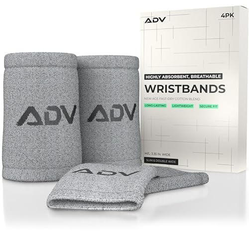 ADV Tennis Wristbands with New Age Polyester Cotton Blend - Ultra Absorbent Wrist Sweatbands - Doublewide & Slim Wrist Bands for Sweat - 4 Pack or 2 Pack (4-Pack Gray, M/L)