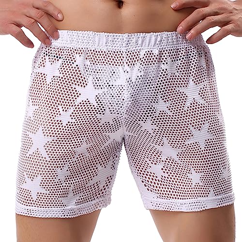 Evankin Mens Sexy Star Mesh Shorts See Through Fishnet Loose Shorts Sheer Lounge Underwear Boxer Trunks(White, S)