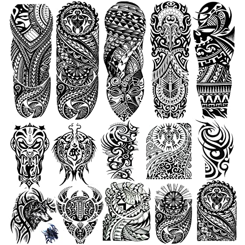 Kotbs 15 Sheets Tempoary Tattoo Sleeves for Men Women - 5 Full Arm Tattoo Sleeves & 10 Half Arm Tattoo Stickers- Realistic Temporary Tattoos for Halloween, Cosplay, and Parties