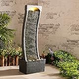 Teamson Home 38.58 in. Modern Curved Faux Slate Waterfall Fountain for Indoors or Outdoors with LED Light Accents and 1.98-Gallon Pump, Black and Stone Gray