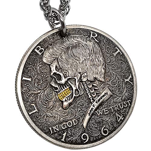 ApinJe Vintage Skull Pendant Coin Necklace Steampunk Jewelry for Men Stainless Steel Chain 27.5 Inches
