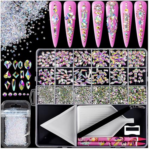 8000pcs Nail Gems and Rhinestones for Nails Art, 240 Shaped Glass AB Crystals Nail Charms for Nails Design, 3D Nail Charms and Gems Nail Jewels, Nail Diamonds Rhinestones Kit w/Wax Pencil, Tweezer