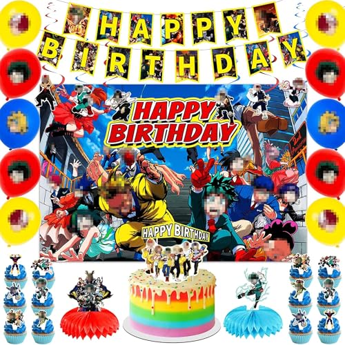 Anime Birthday Party Decorations Include Happy Birthday Banner, Cake Topper, Honeycomb Centerpiece, Patterned Balloons, MHA Birthday Party Suppliesfor Kids