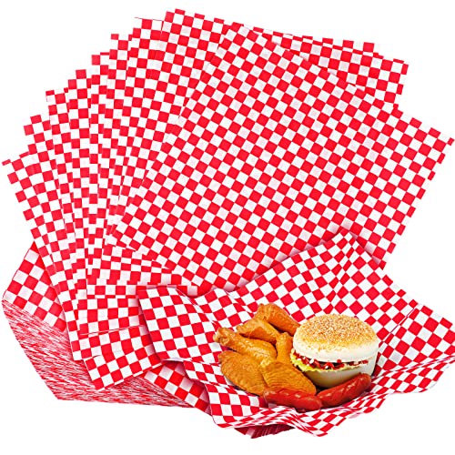 1000 Sheets Wax Deli Paper Sheets for Food 12 x 12 Inch Checkered Dry Waxed Deli Basket Liners for Sandwich Wrapping, Food Basket Liners, Picnic party(Red-white)