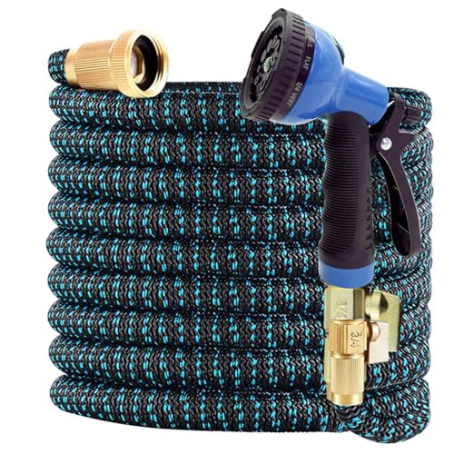 J&B XpandaHose 75ft Expandable Garden Hose with Holder - Heavy Duty Superior Strength 3750D - 4 -Layer Latex Core - Extra Strong Brass Connectors and 10 Spray Nozzle w/Storage Bag (Blue 75)