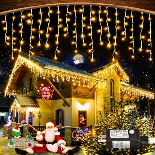 Warm White Christmas Lights Outdoor LED 8 Modes Hanging Dripping Icicle String Lights with 228 Drops, Plug in Waterproof Timer Memory for House Home Holiday Yard Wedding Party Indoor