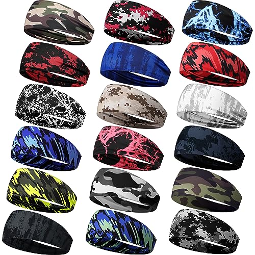 Wavyknot 18 Pcs Sports Sweatbands for Men Women Camo Headbands Workout Non Slip Headbands Breathable Head Band Fitness Stretchy Unisex Hairband for Yoga Running Cycling Ball (Vibrant Colors, Stylish)