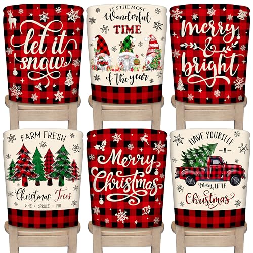 TREWAVE Christmas Chair Covers Set of 6 Buffalo Plaid Chair Back Covers Holiday Dining Chair Slipcovers Protector Kitchen Dining Room Decor Festival Party Decoration
