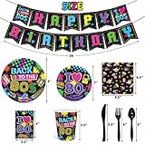 80s Theme Birthday Party Supplies, 80s Party Tableware Set with 80s Party Decorations , Include Tablecloth, Plates, Napkins, Cups, Cutlery, Banner and Hanging Swirls, for 20 guests