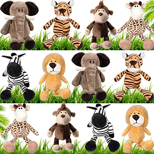 12 Pieces Safari Stuffed Animals 11.8 Inch Jungle Animal Toys Set for Boys Girls Plush Forest Lion Elephant Zebra Giraffe Tiger Monkey for Zoo Party Teacher Student Award (Cute Style)