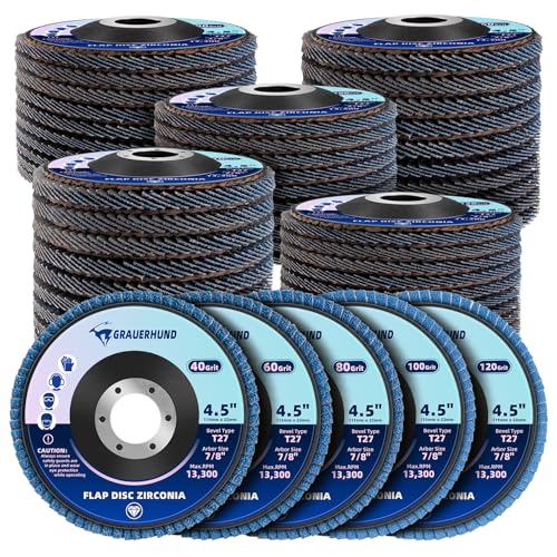 50 Pack Flap Discs 4 1/2" x 7/8" for Angle Grinder, 40/60/80/100/120 Grit T27 Flap Sanding Discs, 4 1/2 Inch Grinding Wheels, Zirconia Grinding Discs for Metal, Wood, and Stainless Steel Finishing