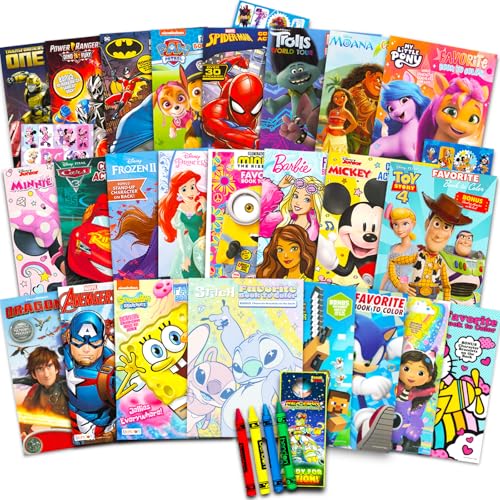 24 Bulk Coloring Books for Kids Ages 4-8 - Assorted 24 Licensed Coloring Activity Books for Boys, Girls | Bundle Includes Full-Size Books, Crayons, Stickers, Games, Puzzles, More (No Duplicates)