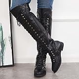 Yishaweiqi Over The Knee High Boots PU Leather Riding boots Lace-up Flat Long Boots