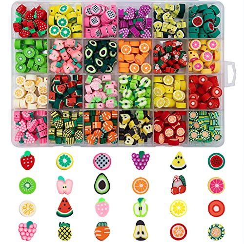 JEBBO 480pcs Fruits Clay Beads for Jewelry Making, 24 Styles Mixed Clay Beads Fruit Charms for Bracelet Making Kit, Polymer Heishi Beads for Women DIY Necklace Earring Crafts