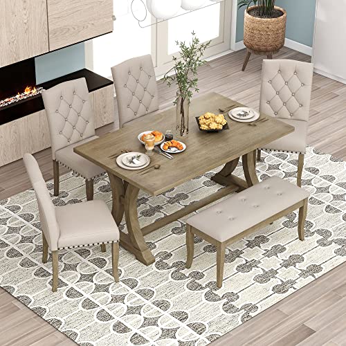 SIYSNKSI 6-Piece Farmhouse Dining Table Set, Rectangular Trestle Table with 4 Upholstered Chairs and 1 Bench, Wooden Kitchen Set Living Room, Dining Table Set for 6