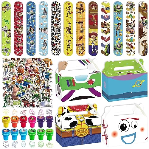 WOOACME Cartoon Party Favors Birthday Decorations - 12 Paper Candy Treat Boxes 24 Slap Bracelets 12 Mini Stamps 50 Stickers, Cartoon Party Supplies for Party Goodie Bag Fillers