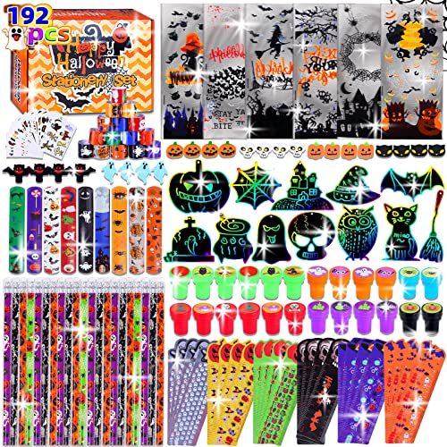 192 Pcs 24 Pack Assorted Halloween Stationery, Party Favors for Kids, Goodie Bags Stuffers Set Including Pencils, Rulers, Stamps and Erasers in Trick or Treat Bags