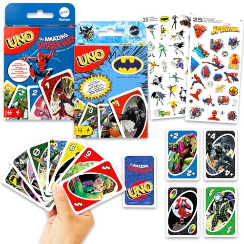 UNO Marvel and DC Cards Set - Bundle with Batman and Spiderman UNO Cards for Kids Plus Stickers, More | Batman and Spiderman Activities for Kids, Family Game Night