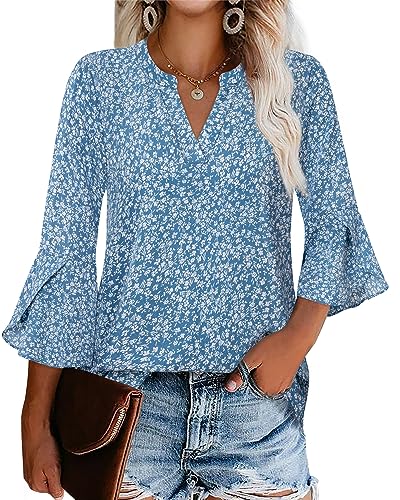 Gaharu Women Top for Work Women's Floral Print Blouses 3/4 Ruffle Sleeve Flowy Chiffon Tops V Neck Tunic Dress Shirts Business Casual Blouses for Office Multi-Blue,M