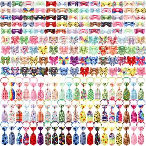 Reginary 200 Pcs Dog Bow Ties Collar Summer Set Bulk Include 80 Dogs Bowties, 60 Dog Neckties, 60 Collar Adjustable Plaid Fruit Flowers Pattern Cat Pet Bow Ties Grooming Decoration Accessories Costume