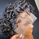 INSTASTYLE Short Curly Pixie Cut Lace Front Wigs 6 inch, 13X1 Human Hair HD Lace Front Wigs Plucked for Women 6 Inch, Natural Black