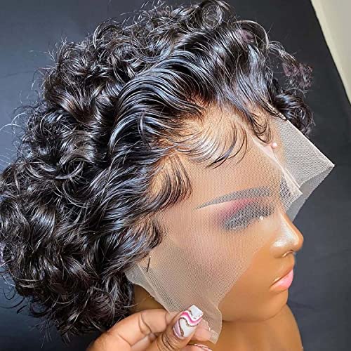 INSTASTYLE Short Curly Pixie Cut Lace Front Wigs 6 inch, 13X1 Human Hair HD Lace Front Wigs Plucked for Women 6 Inch, Natural Black