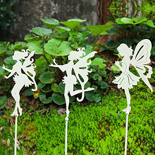 Sungmor 3PC Shabby Chic White Thick Metal Fairies Stakes, 28 Inch Tall Large Angel Statues, Decorative Stakes for Indoor Planter Plant Supporter, Outdoor Garden Lawn Patio Courtyard Landscaping Decor