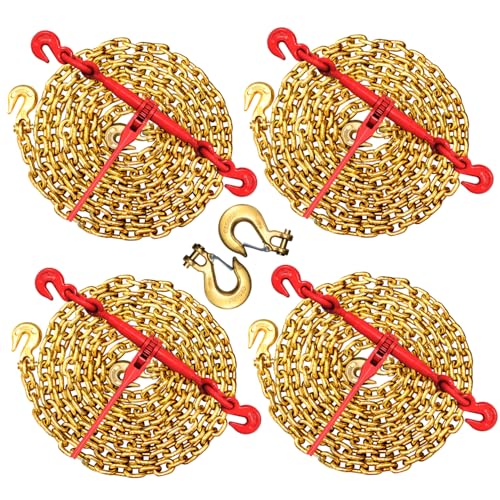 Chains and Binders Kit 3/8"-1/2", Ratchet Load Binders 9215lbs Working Strength, 3/8" x 10FT G80 Chains Tow Equipment with Self-Locking Hooks, for Truck, Trailer, Towing, Heavy-Duty Transport