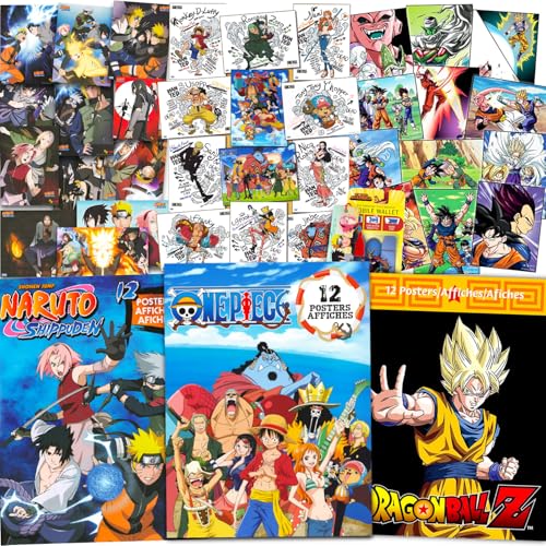 Anime Poster Book Super Set - Bundle with 36 Anime Posters Featuring One Piece, Dragon Ball Z, and Naruto with Stickers, Bookmark | Anime Room Decor for Boys