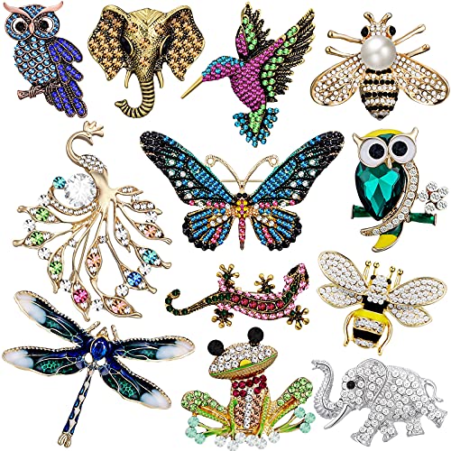 Junkin 12 Pcs Women Brooches Bulk Set Rhinestone Pin Crystal Vintage Brooch Retro Pin for Women Girls Mother's Day Gifts(Animal)