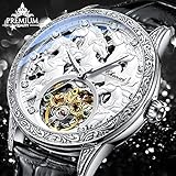 FORSINING Men's Silver Luxury Tourbillon Watch Horse Carved Moon Phase Self-Winding Mechanical Automatic Watches Retro Tattoo Skeleton Large Dial Leather Belt Wristwatch