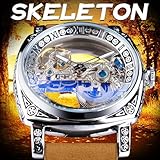 FORSINING Men's Luxury Square Carving Mechanical Watch, Retro Totem Double Sided Hollow Skeleton Self-Wind Automatic Watches, Vintage Leather Strap Wristwatch, Silver