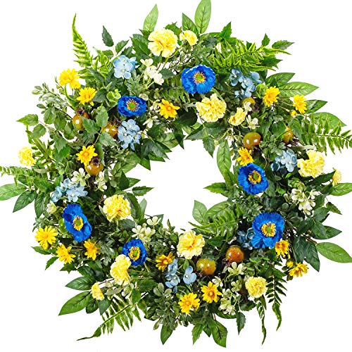WANNA-CUL 24 Inch Spring Summer Carnation Wreaths for Front Door, Spring Front Door Wreath with Blue &Yellow Flowers Door Wreath with Pomegranates,Daisy for Wedding