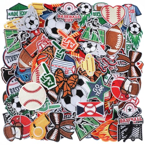 HunnmingRe 72 Pcs Sports Iron on Patches Embroidered Football Baseball Soccer Basketball Patches Iron on Hat Patches Mixed Sport Appliques Sew on for Hat Backpack Pants Jeans Clothes DIY Crafts