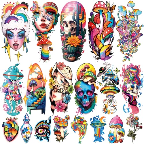 Temporary Tattoo Adult Sleeve, Sugar Skull Mushroom Floral Tribal Eye Half Arm Sleeve Fake Tattoos for Adults Women Men, Waterproof Tiny Tattoos Sticker for Girls Boys and Kids, 77 Sheets