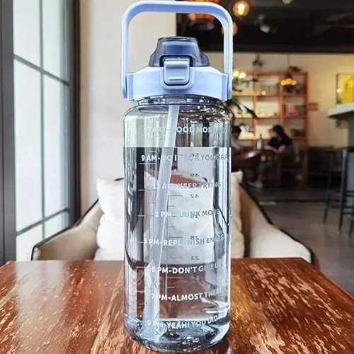 Motivational Water Bottle with Time Markers, 64 oz/2L, Leak-Proof with Handle, 5 Colors (Blue)